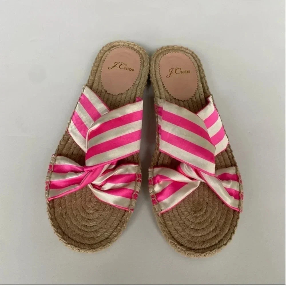 J Crew Twisted-Knot Espadrille Sandals Pink Stripe 7.5  Resortwear Retro Coastal